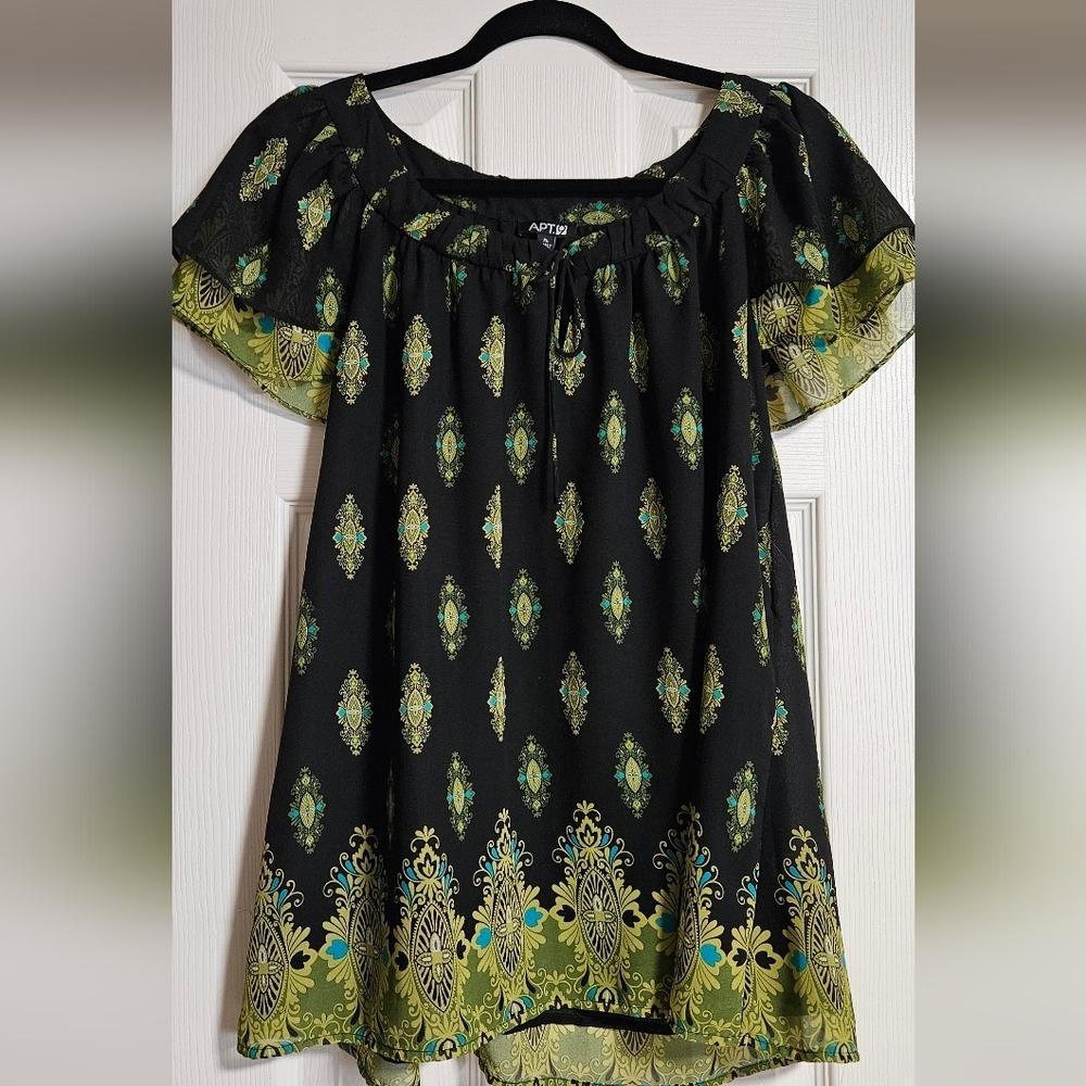 Boho Medallion Print Peasant Blouse Black Green Gold XL